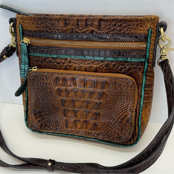 Brahmin Handbags - Brahmin Cleo Cocoa Melbourne Crossbody Leather Croc Embossed Bag Blue Trim